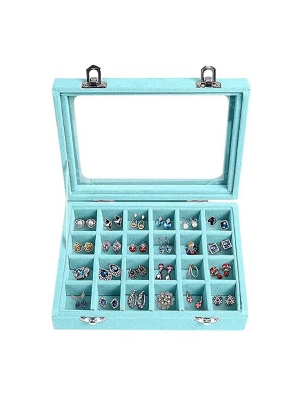 Velvet Jewelry Organizer Box Glass Lid Earring Ring Necklace Storage Display